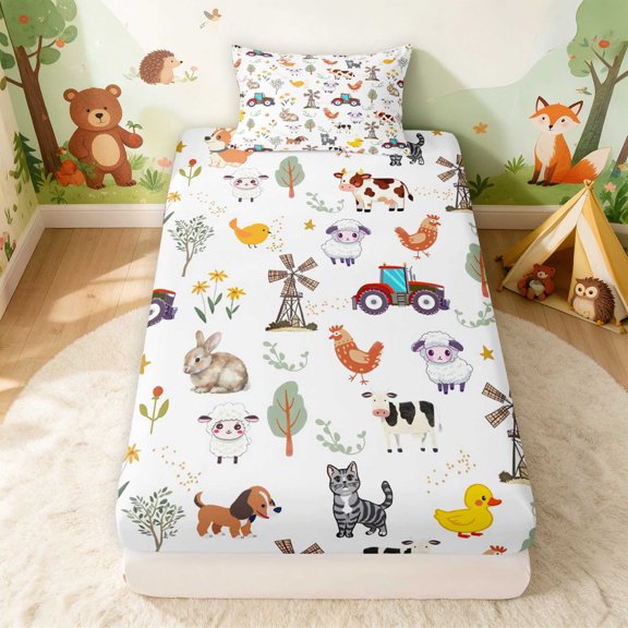 Erosebridal Farm Animals Twin Fitted Sheet for Boys Girls, White Background Bedding, 2pcs 1 Fitted Sheet and 1 Pillowcase