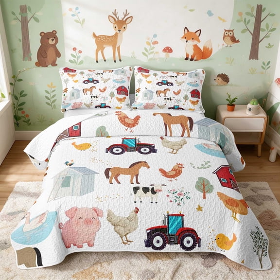 Erosebridal Farm Animals Twin Quilt Set for Boys Girls, Farmyard Twin Coverlet Set, 2pcs 1 Bedspread and 1 Pillowcase