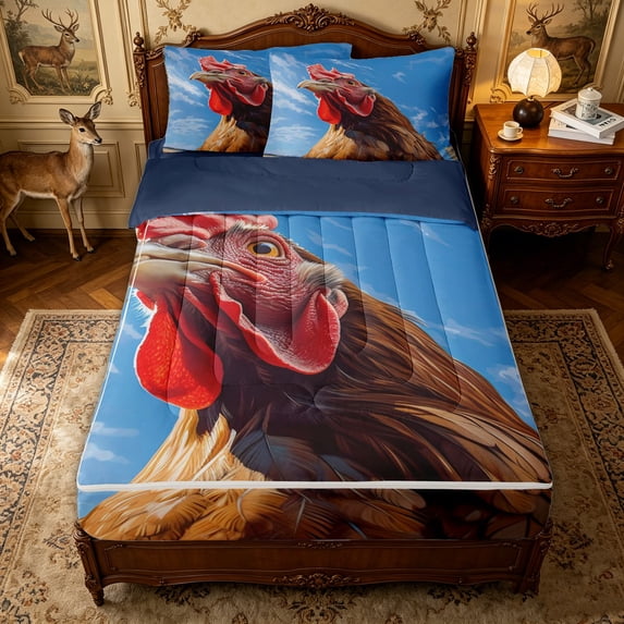 Erosebridal Farm Brown Rooster Zipper Full Size Comforter Sets with Fitted Sheet and 2 Pillowcases for Women Men, Rustic Animal Zipper Bedding Set, Navy Reversible, 4-Piece