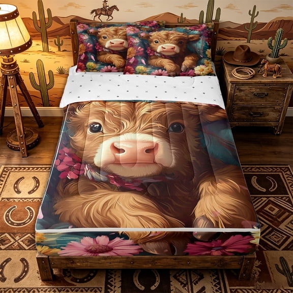Erosebridal Farm Cute Pattern Zipper Twin Comforter Sets with Fitted Sheet and 2 Pillowcases,Wild Flower Highland Cow Print Zipper Bedding Set,Brown Teal,Reversible