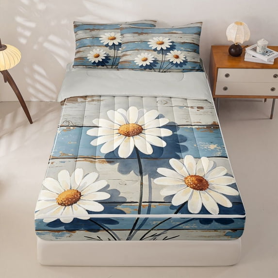 Erosebridal Farm Daisy Bloom Zipper Queen Comforter Set with Fitted Sheet and 2 Pillowcases,Rustic Wooden Plank Zipper Bedding Set,Teal Taupe White,Reversible