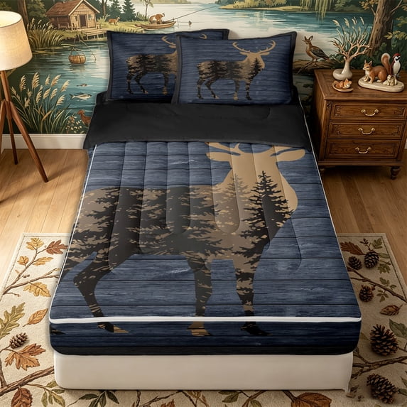 Erosebridal Farm Deer Silhouette Zipper Twin Comforter Sets with Fitted Sheet and 2 Pillowcases,Forest Pine Tree Zipper Bedding Set,Navy Blue Brown,Black Reversible
