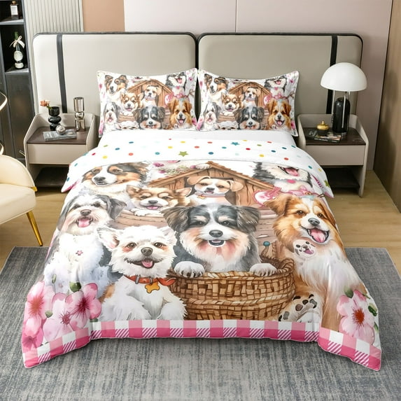 Erosebridal Farm Dog 100% Cotton Comforter Cover Full, Pink Flower Bedding Full Size, Plaid Decor(No Comforter)
