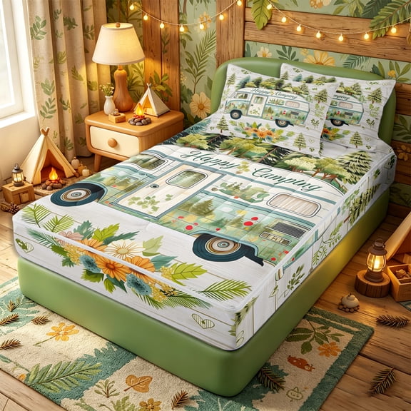 Erosebridal Farm Floral Camper Print Zipper Twin Comforter Sets with Fitted Sheet and 2 Pillowcases,Wildflower Pine Wood Accent Zipper Bedding Set,Mint Ivory,4-Piece,Reversible