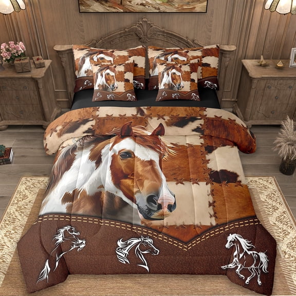 Erosebridal Farm Horse Bedding Queen Size,Cowhide Patchwork Bed Set,Retro Rustic Farmhouse Animal Bedding Sets Queen Size For Men Women, Super Cozy Princess Room Decorative Reversible,7pcs