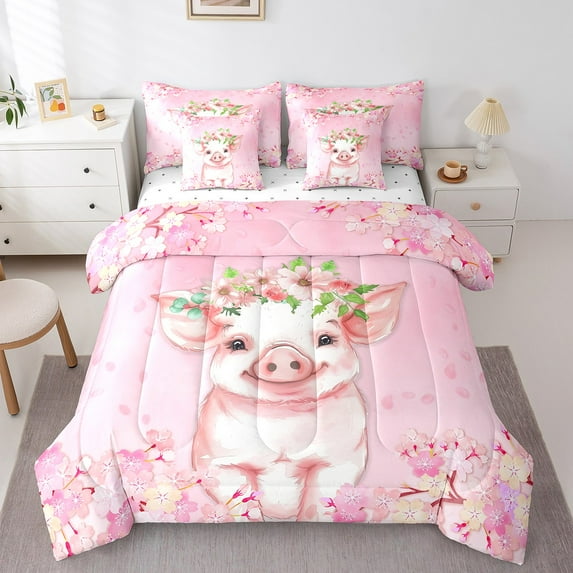 Erosebridal Farm Pig Bedding King Size, Kawaii Pet Animal Bedding Sets King Size, Blossoms Flower Comforter Sets with Sheets, Microfiber Room Decor, 7-Piece