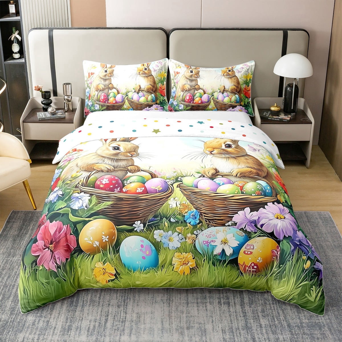 Erosebridal Farm Rabbit Bedding Set Easter Decoration Duvet Cover Happy Easter Themed Comforter Cover Easter Eggs Print Bedspread Cover Rustic Floral Decor Bedding Queen Size
