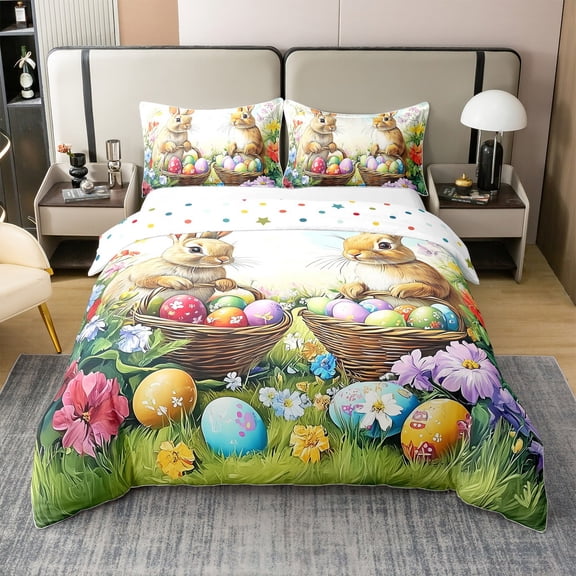 Erosebridal Farm Rabbit Bedding Set Easter Decoration Duvet Cover Happy Easter Themed Comforter Cover Easter Eggs Print Bedspread Cover Rustic Floral Decor Bedding Queen Size