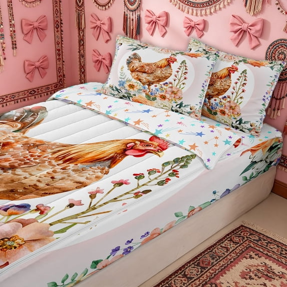 Erosebridal Farm Rooster Animal Zipper Queen Comforter Set with Fitted Sheet and 2 Pillowcases for Boys Girls, Watercolor Rose Groovy Zipper Bedding Set, Stars Reversible, 4-Piece