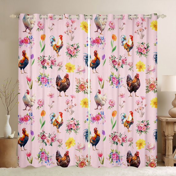 Erosebridal Farm Rooster Blackout Curtains Set of 2 (52x84 Each) for Kids Girls, Pink Flower Floral Window Curtains