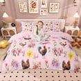thumbnail image 1 of Erosebridal Farm Rooster Duvet Cover Set for Kids Girls, Pink Flower Floral Bedding Full, Pink Reversible, 3pcs 1 Duvet Cover and 2 Pillowcases, No Comforter, 1 of 6