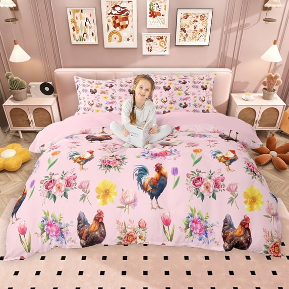 Erosebridal Farm Rooster Duvet Cover Set for Kids Girls, Pink Flower Floral Bedding Full, Pink Reversible, 3pcs 1 Duvet Cover and 2 Pillowcases, No Comforter