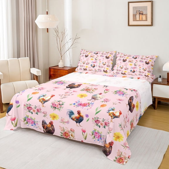 Erosebridal Farm Rooster Full Size Sheets for Kids Girls, Pink Flower Floral Bed Sheets, 4 Pieces, 1 Flat Sheet 1 Fitted Sheet and 2 Pillowcases