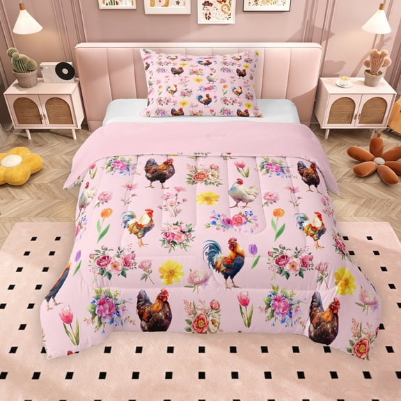 Erosebridal Farm Rooster Twin Comforter Sets for Kids Girls, Pink Flower Floral Bedding Set, Pink Reversible, 2pcs