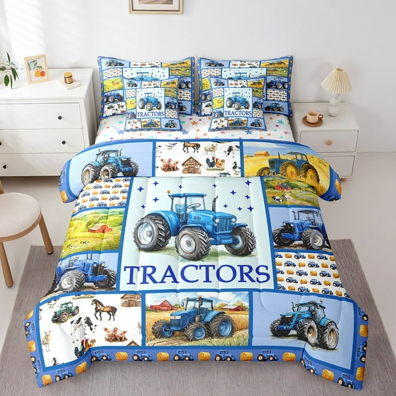Erosebridal Farm Tractors Bedding Sets King Size, Truck Checkered Comforter Sets with Sheets, Blue, Super Cozy 7 Pieces