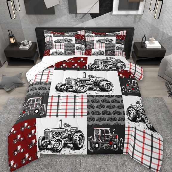 Erosebridal Farm Truck Bedding Twin Comforter Set,Retro Country Cabin Down Comforter,Red Black White Grid Bedding Sets Twin with Comforter,Super Cozy Room Decoration Reversible,2-Piece