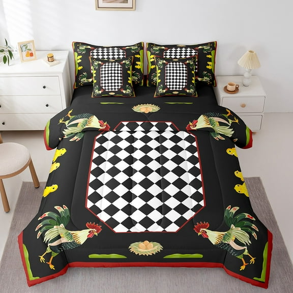 Erosebridal Farmhouse Animal Bedding Twin Size,Rustic Chicken Rooster Bed Set,Black White Patchwork Plaid Bedding Sets Twin Size,Microfiber Bedroom Decor Reversible,7pcs