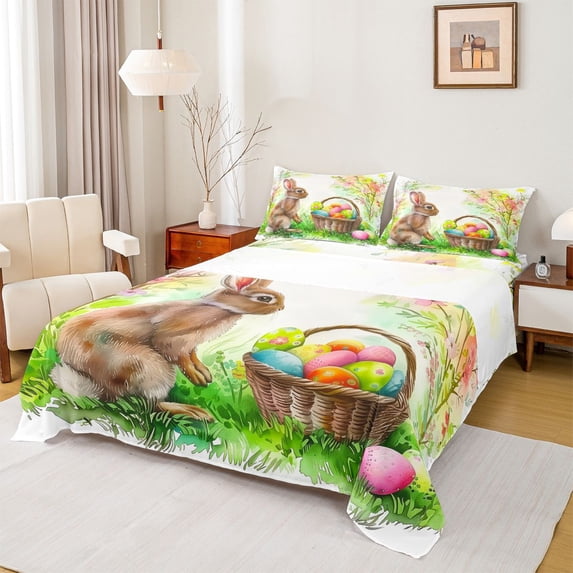 Erosebridal Farmhouse Animal Rabbit Kids Full Size Sheets,Watercolor Easter Egg Colorful Ink Painting Bed Sheets 4 Pieces