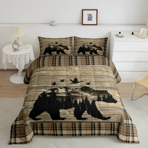 Erosebridal Farmhouse Bear Bedding Twin Comforter Set, Woodland Wildlife Down Comforter, Brown Buffalo Comforters & Duvets, Lightweight Bedroom Decor, 2pcs