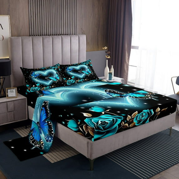 Erosebridal Farmhouse Bed Sheets Set King,Rose Butterfly Sheet Set,Romantic Love Heart Sheets,Teal Rose Flat Fitted Sheet with 2 Pillowcases Wrinkle Free