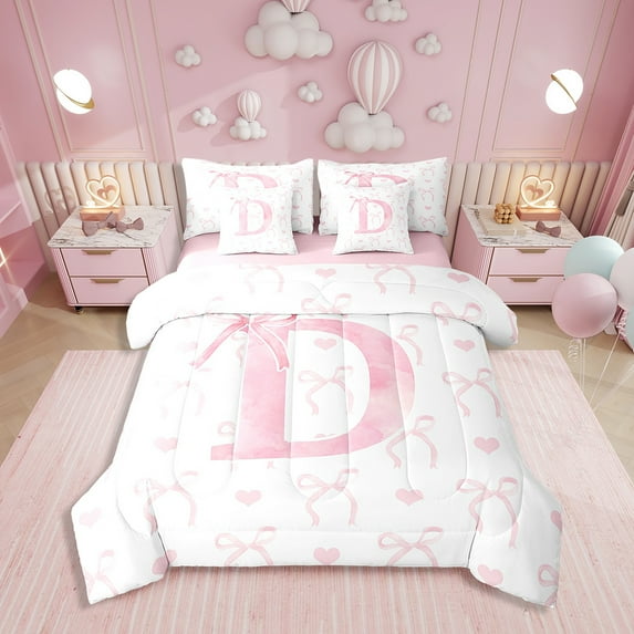 Erosebridal Girly Fairly Bedding Sets Queen Size, Romantic Initial D Comforter Sets with Sheets, Kawaii Pink Bowknot, Reversible 7pcs