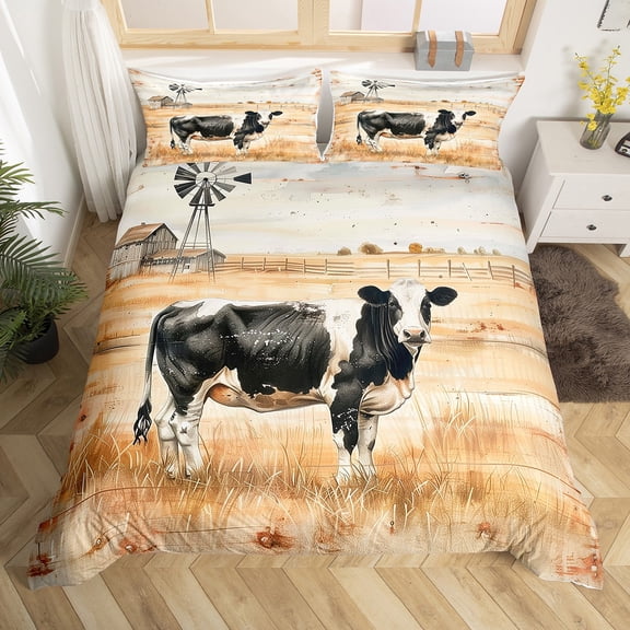 Erosebridal Farmhouse Cow Comforter Cover King,Rustic Farm Animal Comforter Cover King,Retro Windmill Duvet Cover King For Men Women, Ultra Soft Bedroom Decoration Reversible,3pcs(No Comforter)