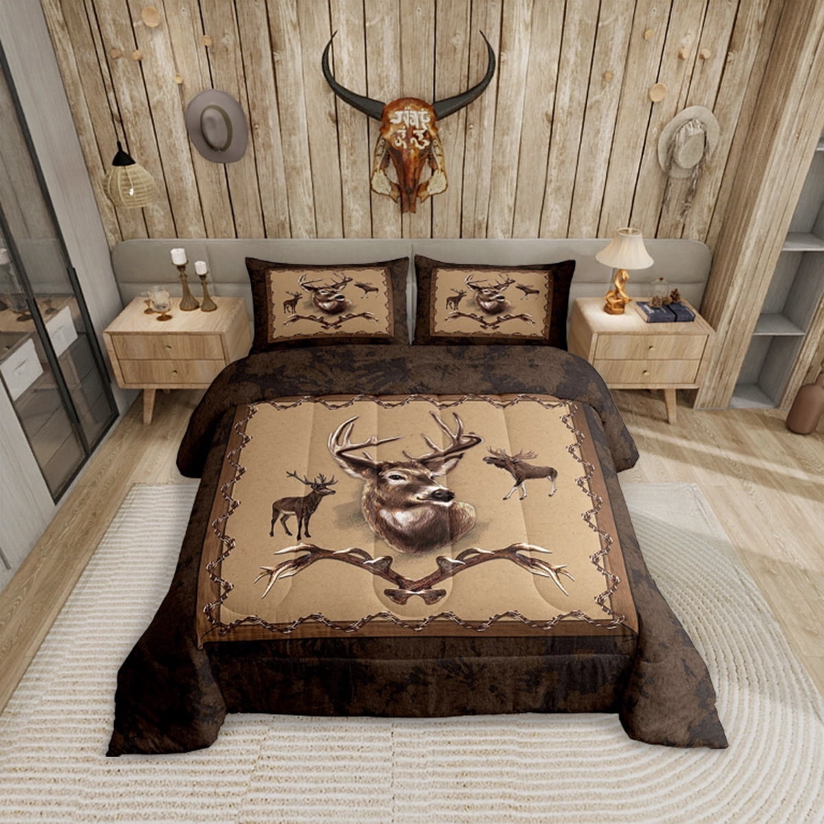Erosebridal Farmhouse Deer Comforter Sets Southwestern Bedding Set Full Size Rustic Hunting Animal Quilt Moose Deer Down Comforter with 2 Pillow Sham Bedroom Decor
