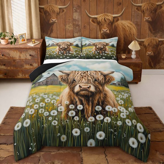 Erosebridal Farmhouse Highland Cow Queen Comforter Set, Garden Dandelion Bedding Comforter Set