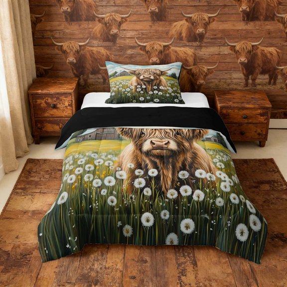 Erosebridal Farmhouse Highland Cow Twin Comforter Sets, Garden Dandelion Bedding Set