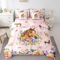 Erosebridal Farmhouse Horse Bedding Twin Size,Chic Botanical Flower Comforter Sets with Sheets,Western Cowgirl Style Bedding Sets Twin Size,Microfiber Bedroom Decor Reversible,7pcs
