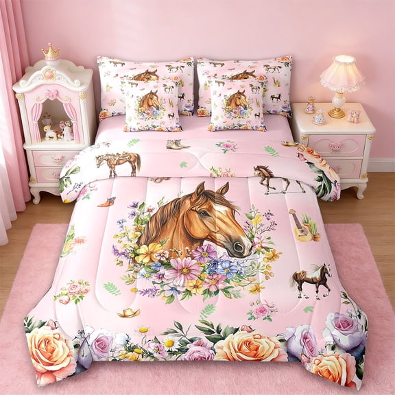 Erosebridal Farmhouse Horse Bedding Twin Size,Chic Botanical Flower Comforter Sets with Sheets,Western Cowgirl Style Bedding Sets Twin Size,Microfiber Bedroom Decor Reversible,7pcs