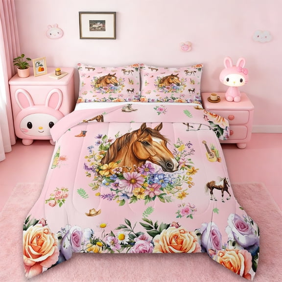 Erosebridal Farmhouse Horse Comforter Sets Twin Size,Chic Botanical Flower Comforters & Duvets,Western Cowgirl Style Bedding Twin Comforter Set,Microfiber Bedroom Decor Reversible,2-Piece