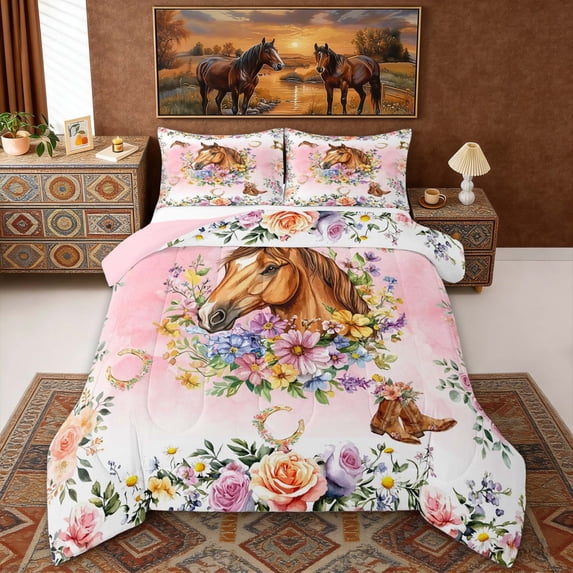 Erosebridal Farmhouse Horse Full Size Comforter Sets, Colorful Flower Floral Bedding Sets