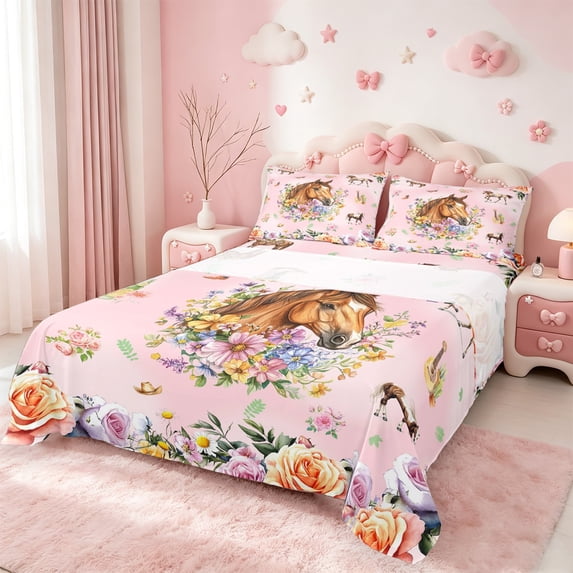 Erosebridal Farmhouse Horse Twin Sheet Sets,Chic Botanical Flower Bedding Twin Size,Western Cowgirl Style Bed Sheets Set Twin Size,Microfiber Bedroom Decor,3pcs