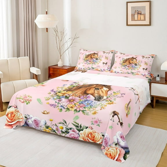 Erosebridal Farmhouse Horse Twin Sheet Sets,Chic Botanical Flower Bedding Twin Size,Western Cowgirl Style Bed Sheets Set Twin Size,Microfiber Bedroom Decor,3pcs