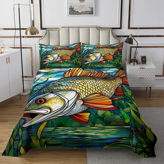 Erosebridal Farmhouse Pike Fish Coverlet Set King, Hunting and Fishing Bedding Set, Lake Wildlife Bedroom Decor 3-Piece