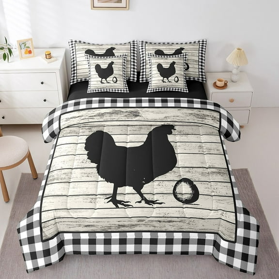 Erosebridal Farmhouse Rooster Bedding Sets Twin Size, Farm Animal Comforter Sets with Sheets, White Black Plaid Bedding Accessories Breathable Room Decor, Reversible 7pcs