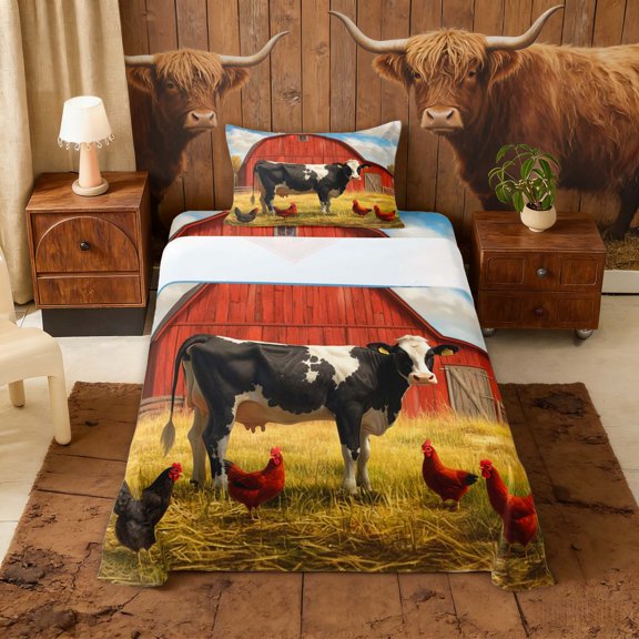 Erosebridal Farmhouse Rooster Cow Twin Sheet Sets, Red Farmhouse Bedding, 3pcs (1 Flat Sheet, 1 Fitted Sheet and 1 Pillowcase)