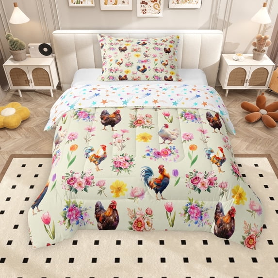 Erosebridal Farmhouse Rooster Twin Comforter Sets for Kids Girls, Pink Flower Floral Bedding Set, Stars Reversible, 2pcs