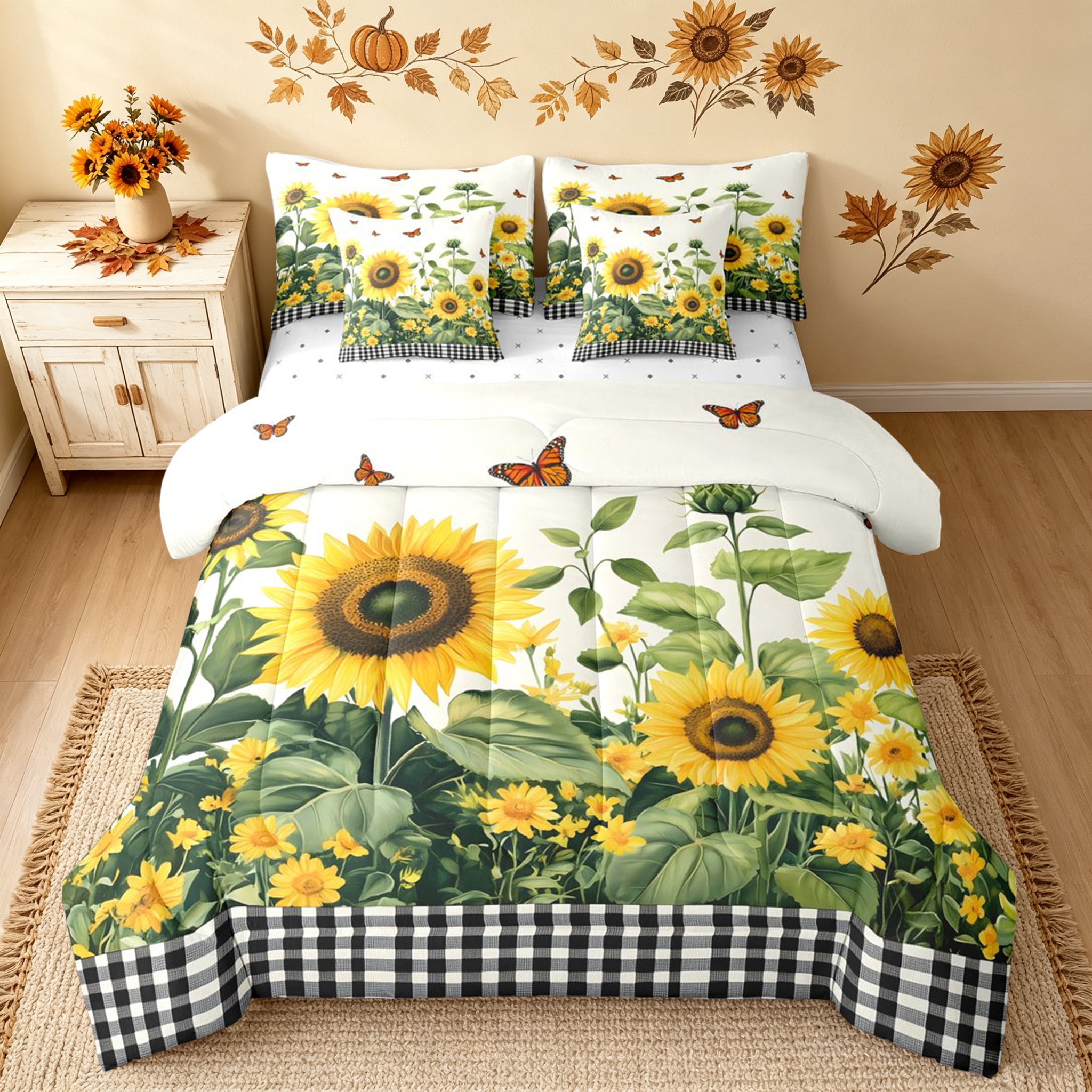 Erosebridal Farmhouse Sunflower Twin Bedding, Butterfly Gingham Bedding ...