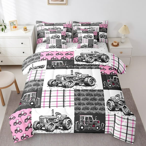 Erosebridal Farmhouse Tractor Bedding Twin Size,Black Sketch Farm Truck Comforter Sets with Sheets,Pink Patchwork Buffalo Bedding Sets Twin Size,Super Cozy Room Decoration Reversible,7pcs