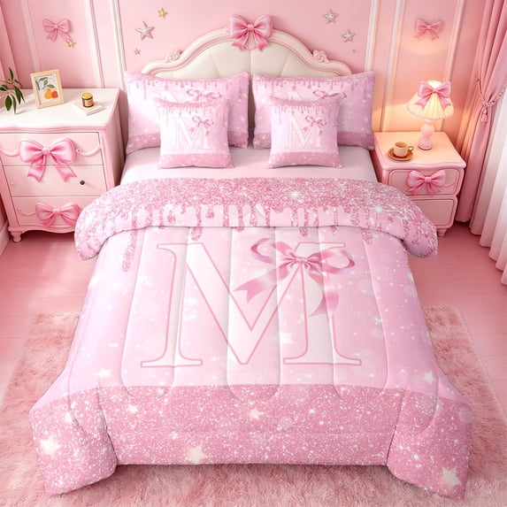 Erosebridal Fashion Bow Tie 7-Piece Twin Bedding Sets For Kids Girls,Sequin Print Letter M Monogrammed Bedding Comforter Set,Pink Reversible
