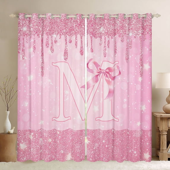 Erosebridal Fashion Bow Tie Black Out Curtains For Kids Girls,Sequin Print Letter M Monogrammed Curtains Pack of 2 (42x63 Each)