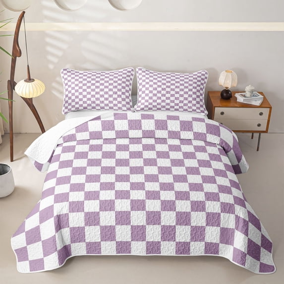 Erosebridal Fashion Check Grid Quilt Full for Girls, Lavender Purple Block Full Bedspread Sets, 3 Pieces