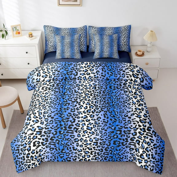 Erosebridal Fashion Cheetah Print Bed in a Bag Twin size, Blue Geometric Bedding Sets Twin Size, Wildlife Leopard Reversible Comforter Sets with Sheets, Ultra Soft Bedroom Decorative, 7pcs