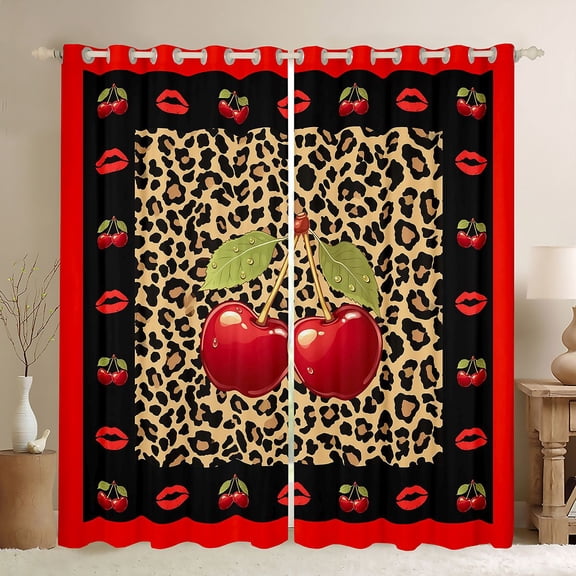 Erosebridal Fashion Cheetah Print Black Out Curtains,3D Kawaii Cherries Curtains Pack of 2 (42x63 Each) For Kids Girls