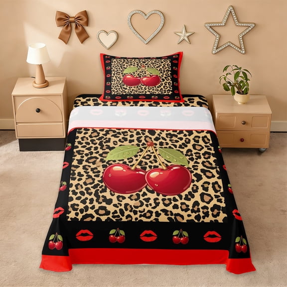 Erosebridal Fashion Cheetah Print Twin Sheet Sets,3D Kawaii Cherries Bedding For Kids Girls 3 Pieces
