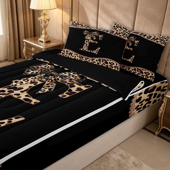Erosebridal Fashion Crystal Initial E Zipper Twin Comforter Sets with Fitted Sheet and 2 Pillowcases for Women, Cheetah Print Bow Letter Zipper Bedding Set, Black Reversible, 4 Pieces