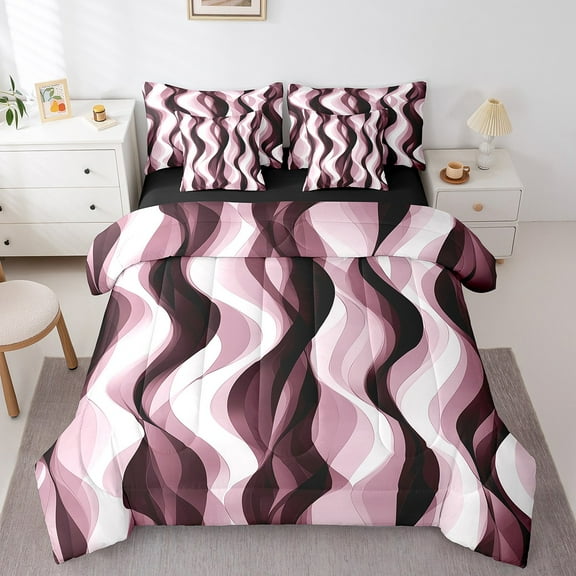 Erosebridal Fashion Geometric Bedding, Black Pink Bed in a Bag, Abstract Stripes Reversible Bed Set, Super Cozy Bedroom Decorative, 7pcs