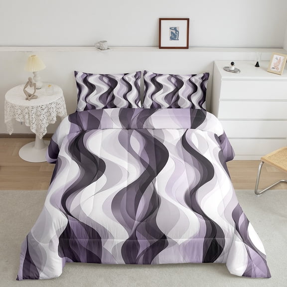 Erosebridal Fashion Geometric Bedding King Comforter Set, Plum Grey Down Comforter, Abstract Stripes Reversible Comforters & Duvets, Super Cozy Bedroom Decorative, 3pcs
